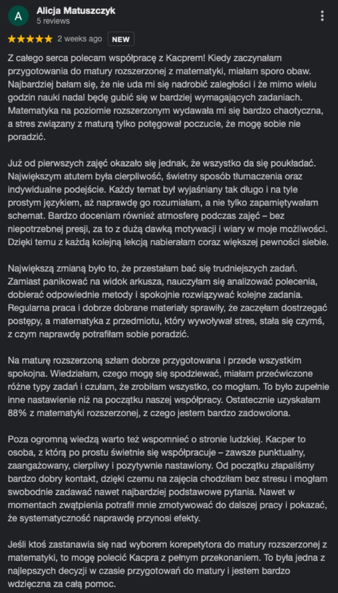 Opinia uczennicy, matura rozszerzona 88%