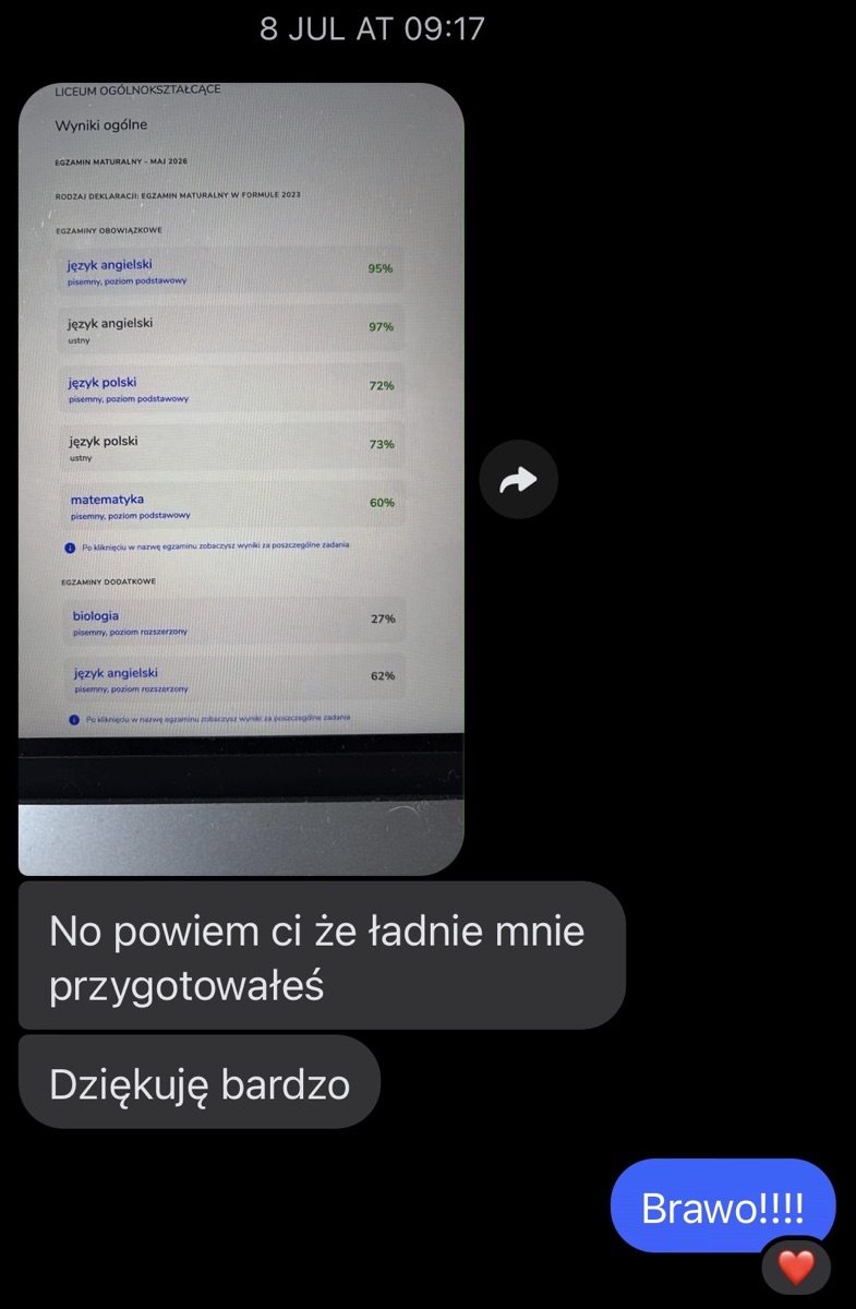 Wiadomość od ucznia z wynikami matury